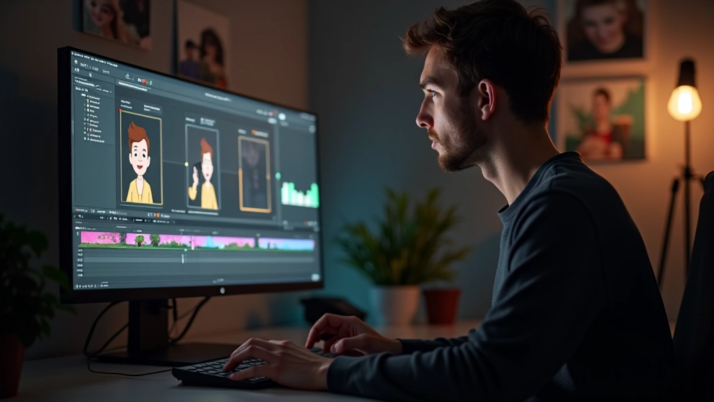 Motion designer profissional analisando composição de vídeo em monitor grande