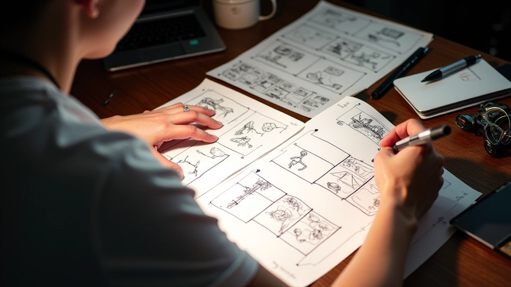 Storyboard de uma narrativa em motion design com cenas sequenciais em quadros bem organizados